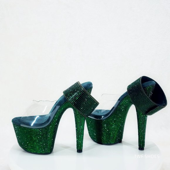 Bejeweled Emerald Green Rhinestone Platform 7" High Heel Shoes With Ankle Cuffs